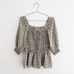 Max Studio Smocked Gingham Peplum Blouse Cottagecore Puff Sleeve Top Size Large